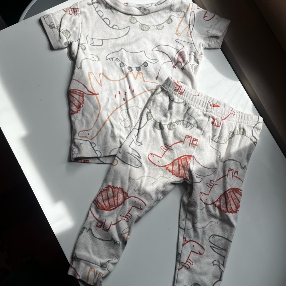Infant’s Dinosaur Print Pajama Set - White with Orange & Gray